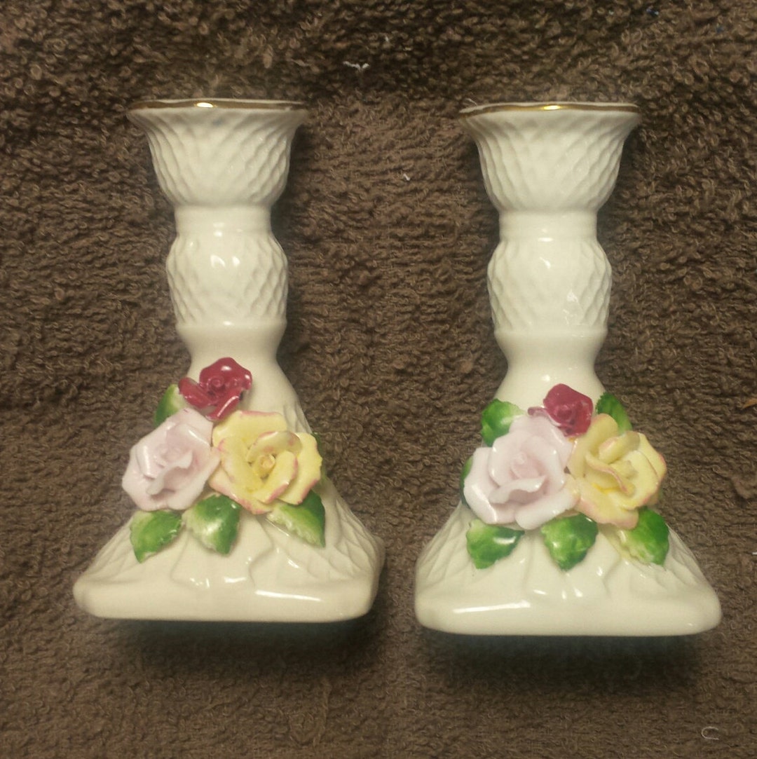 Set of 2 Vintage Rose Candle Holders Ceramic Red Yellow and Etsy