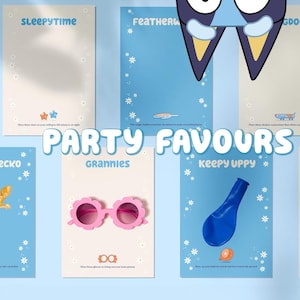 Bluey Party Favours Beige Blue Cards | Blue Red Heeler Dog Party Bags | Keepy Uppy, Sticky Gecko, Grannies, Longdog, Featherwand, Sleepytime