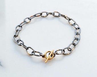 Starry Night Bracelet With Toggle Clasp. Oxidized Silver and Gold Paperclip Bracelet. Silver Link Bracelet With 14k Gold. Handmade Bracelet.