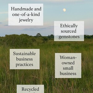 May include: An outdoor scene with text boxes highlighting the brand's values: handmade jewelry, ethically sourced gemstones, sustainable practices, woman-owned business, and recycled metals. The brand's Etsy URL is also visible.