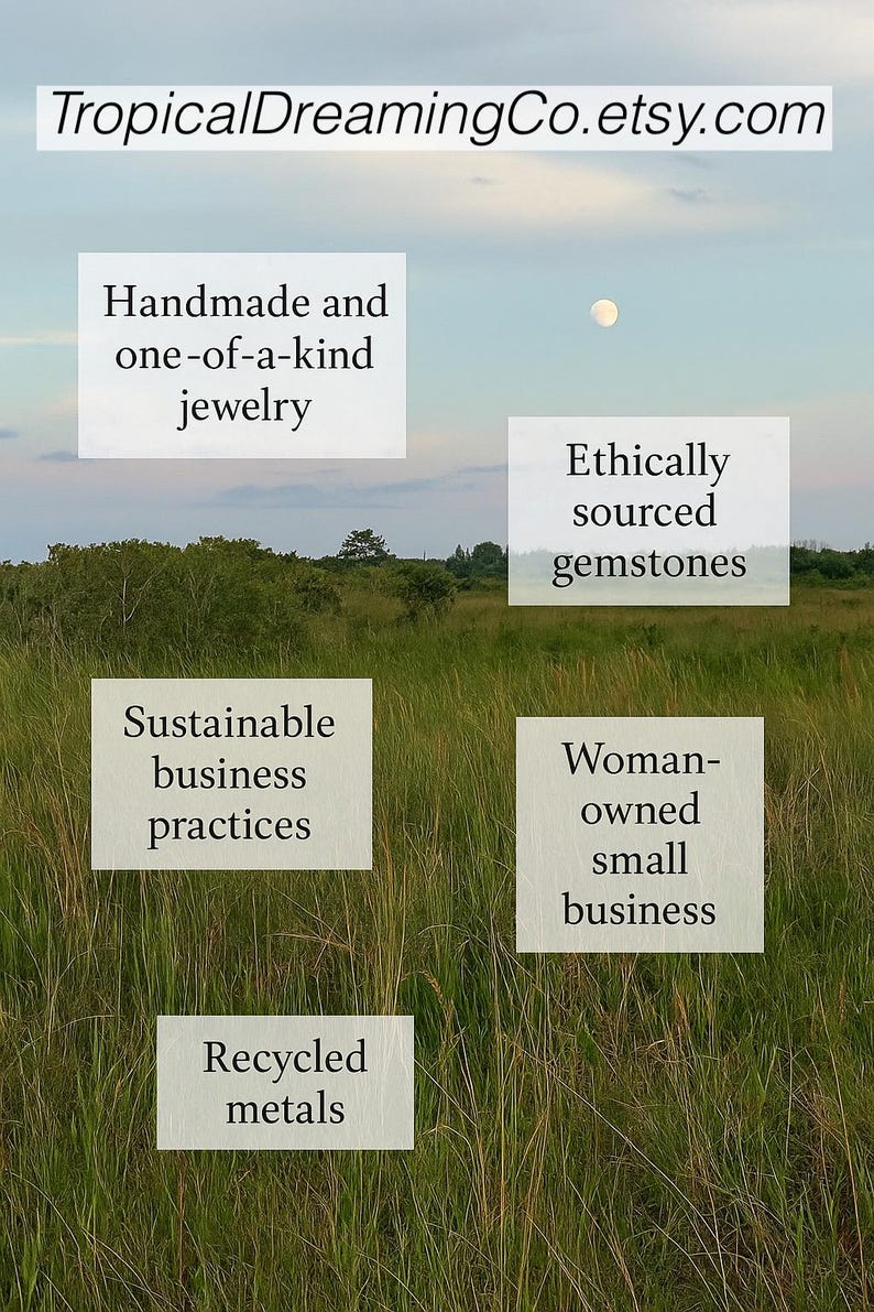 May include: An outdoor scene with text boxes highlighting the brand's values: handmade jewelry, ethically sourced gemstones, sustainable practices, woman-owned business, and recycled metals. The brand's Etsy URL is also visible.