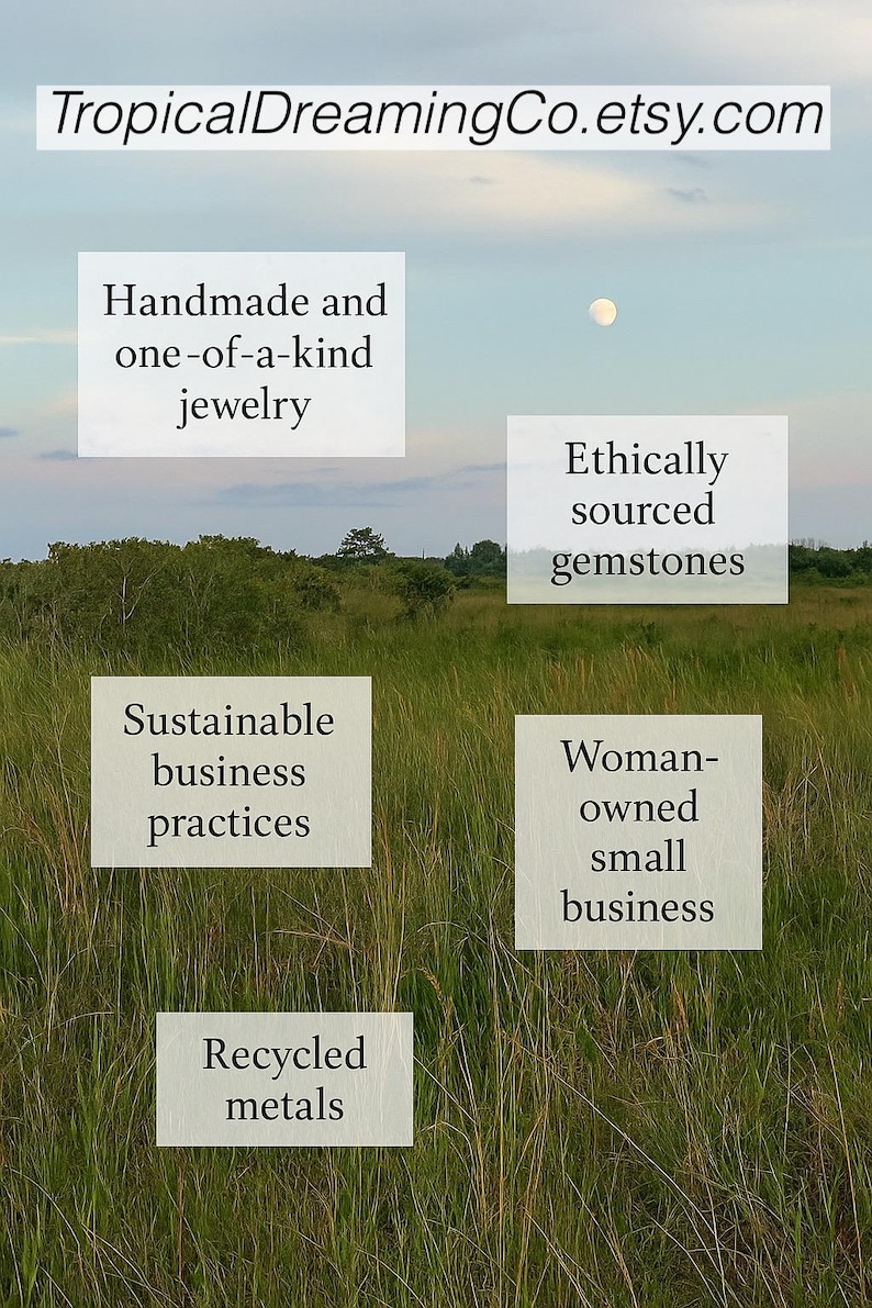 May include: A scenic image with text boxes advertising the brand's values: handmade jewellery, ethically sourced gemstones, sustainable practices, woman-owned business, and recycled metals. The brand name is TropicalDreamingCo.etsy.com.