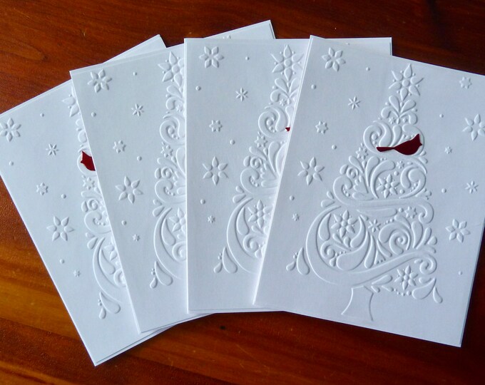 4 Embossed Christmas Tree Cards, Handmade Set of Christmas Cards