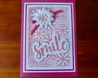 Pretty Happy Birthday Card, Hand Stamped 5x7 Birthday Greeting Card, Handmade 3D Smile Greeting Card, Pink Floral Birthday Greeting Card