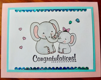 New Baby Greeting  Card, Handmade New Baby Girl Card, Cute Elephant Baby Card, Baby Greeting Card, Hand Stamped Card, Congratulations Card