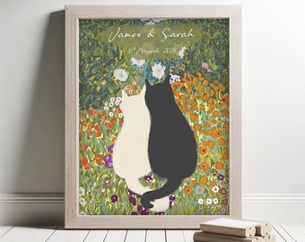 Personalised Cat Couple Floral Print – Klimt Style, Wedding Engagement Gift