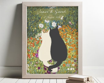 Personalised Cat Couple Floral Print - Wedding Print - Anniversary Gift -  Gustav Klimt Flowers - Mr and Mrs - Wedding Gift Ideas - Keepsake