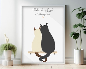 Personalised Cat Wedding Print Gift - Digital Download - Couple Print - Bride Groom - Keepsake - Cat Lover Wall Art - Anniversary Wall Decor