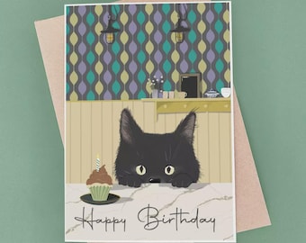 Black Cat Birthday Card - Cat Lover Mum - Kitchen Theme