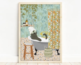 Cat in the Bath Print - Downstairs Toilet Print - Funny Wall Decor - Bathroom Art