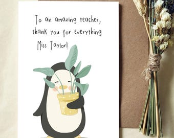 Personalised Teacher Thank You Card – Penguin Plant Design