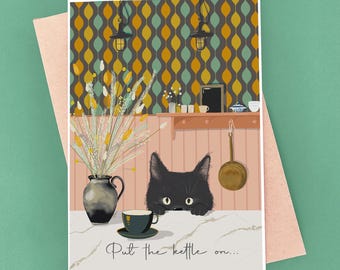 Black Cat New Home Card – Kitten in Kitchen - Tea Lover