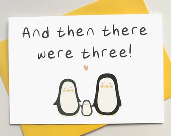 And Then There Were Three Card - Personalised - New Baby - Congratulations -Baby Announcement - Four - Five - New Arrival - Penguins