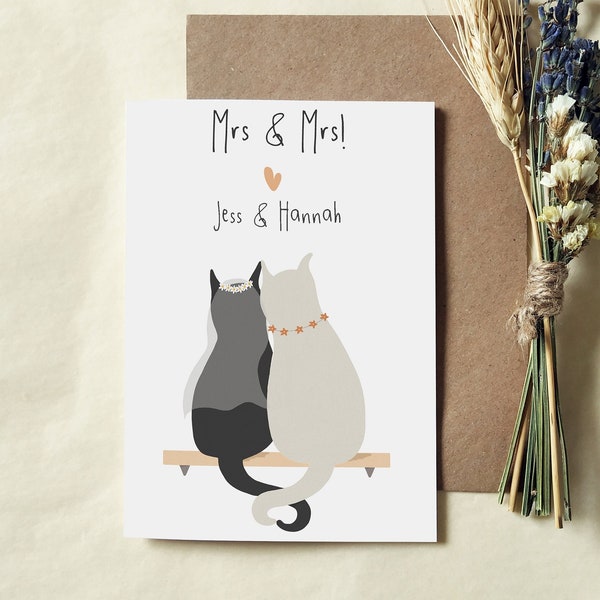 Hetzelfde geslacht Cat Wedding Card - Gepersonaliseerde Gay Lesbian Wedding Card - Mevrouw en Mevrouw Card - Eco-vriendelijke kaart - Vrouw