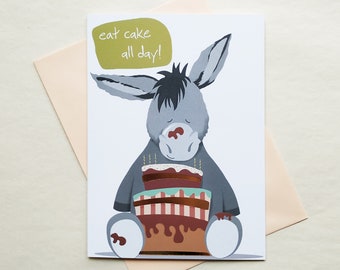 Donkey Birthday Card - Eat Cake All Day - Boyfriend Birthday - Card For Him - Kids Birthday Card - Cake Lover Card