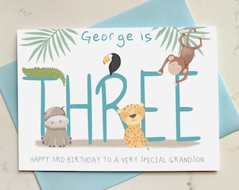 Personalised 3rd Birthday Jungle Card - Children's Birthday - Age Three - For Grandson Granddaughter Niece Nephew