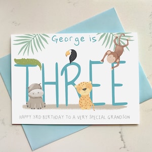 Carte personnalisée pour le 3e anniversaire de la jungle - Anniversaire d'enfant - 3 ans - Pour petit-fils, petite-fille, nièce, neveu