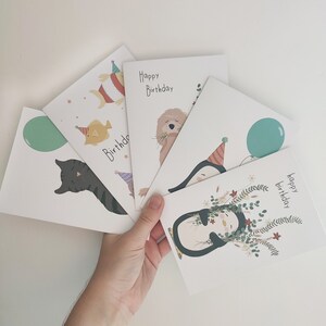 Lot de cinq cartes d'anniversaire - lot de cartes animal - chat - poisson - pingouin - chien - carte écologique recyclée