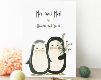 Same Sex Lesbian Wedding Card - Personalised Penguin Wedding Card - Gay Mrs and Mrs Card - Eco Friendly Card - Wife Wedding Card