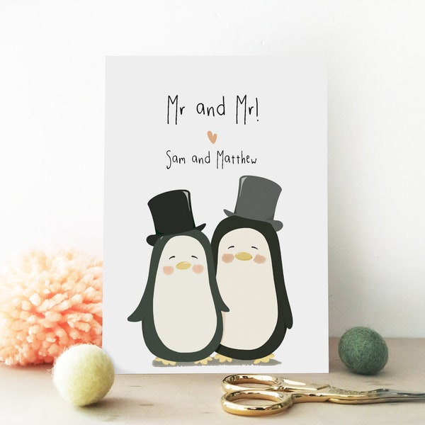 Same Sex Gay Wedding Card - Personalised Penguin Wedding Card - Mr and Mr Card - Eco Friendly Card - Husband Wedding Card - Recycled Card