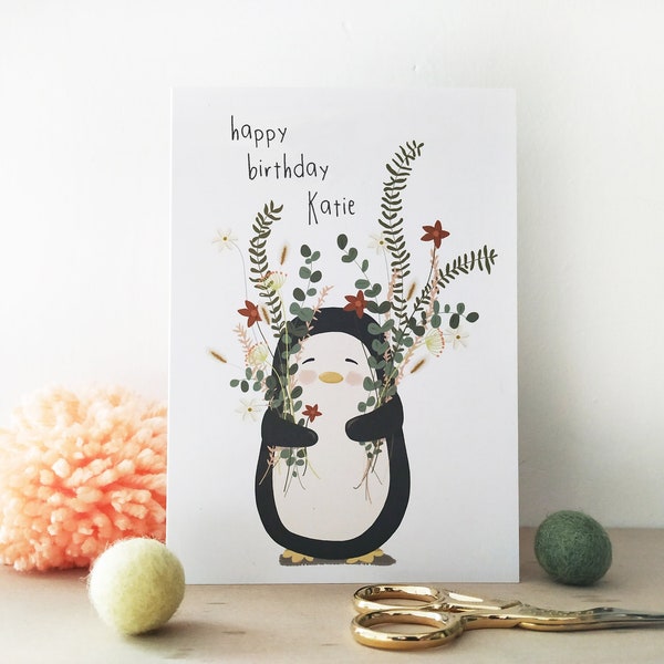Personalised Penguin Birthday Card - Eco Recycled Card - Card For Her - Wife Sister Mum Grandma Auntie