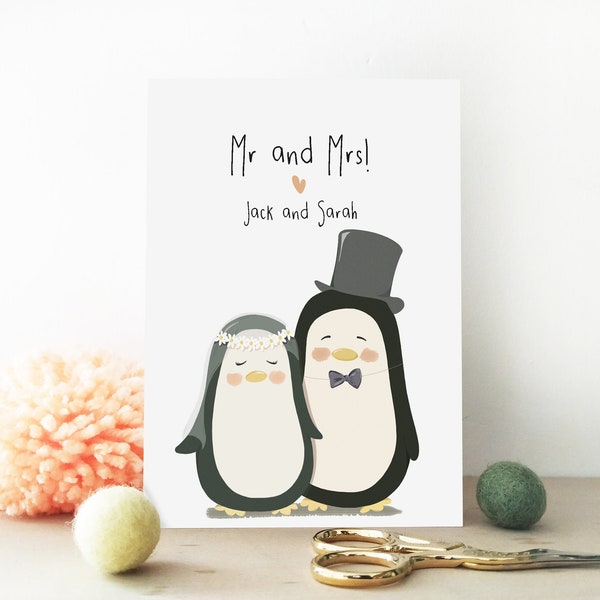 Personalised Penguin Wedding Card - Mr and Mrs Card - Eco Friendly Card - Husband - Wife - Eco Recycled Card - Bride and Groom