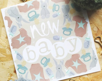 New Baby Card - New Arrival Card - Congratulations Card - Rabbit Pattern Baby Card - New Mummy Card - New Daddy Card