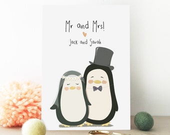 Personalised Penguin Wedding Card - Mr and Mrs Card - Eco Friendly Card - Husband - Wife - Eco Recycled Card - Bride and Groom