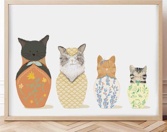 Russian Dolls Cat Print - Matryoshka - Nesting Dolls - Fun Wall Art