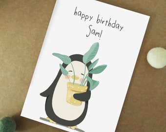 Personalised Penguin Birthday Card - Plant Lover