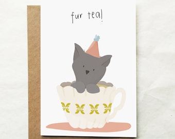 Cat 30th Birthday Card – Fur Tea Pun - Tea Lover