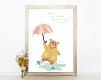 Illustrated Rainy Bear Print - Nursery Decor - Winnie The Pooh Quote - Inspirational Quote Print