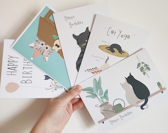 Bundle of Five Cat Greeting Cards - Pack of Animal Birthday Cards - Cat Yoga - Eco Recycled Cards