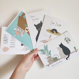 Bundle mit fünf Katzen-Grußkarten - Packung mit Tier-Geburtstagskarten - Cat Yoga - Eco Recycelte Karten