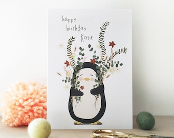 Personalised Penguin Birthday Card - Floral