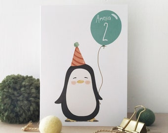 Personalised Penguin Birthday Card - Cute Penguin Card -  Eco Friendly Recycled Card - Kids Birthday - Child - Daughter - Son