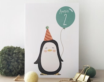 Personalised Penguin Birthday Card – Children's Birthday Balloon