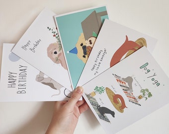 Hund Grußkarten Set - Geburtstag & Yoga Designs, umweltfreundlich (5er Pack)