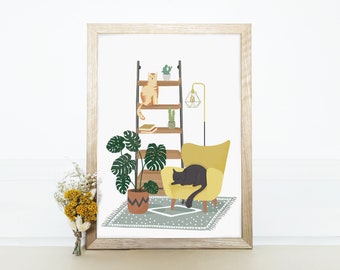 Scandinavian Cat Print- Botanical Print - Cat Lover Print - Ladder Shelf - Wall Art - Home Decor - Print For Her - Mother's Day Gift