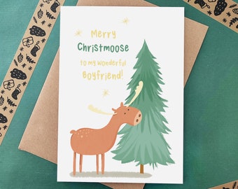 Boyfriend Moose Christmas Card - Partner Holiday Card - Christmas Moose Pun Card - Xmas Card - Eco Recycled