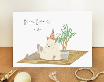 Personalised Cat Birthday Card - Yoga Card - Eco Recycled Card - Sleepy Cat Card - Funny Cat - Cute Cat - Card For Her