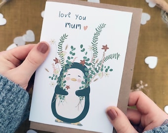 Penguin Mothers Day Card - Personalised - Eco Friendly Mom Card - Card For Mum - Mummy Card - Cute Penguin Card