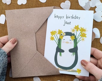 Personalised Penguin Daffodils Birthday Card - Eco Recycled Card - Card For Her - Wife Sister Mum Grandma Auntie