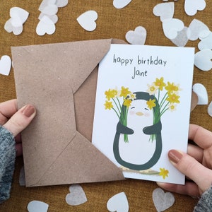 Carte d'anniversaire personnalisée pingouin jonquilles - carte recyclée écologique - carte pour elle - femme soeur maman grand-mère tante