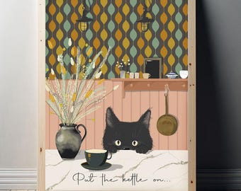 Put The Kettle On Cat Kitchen Print - Black Cat - Tea Lover