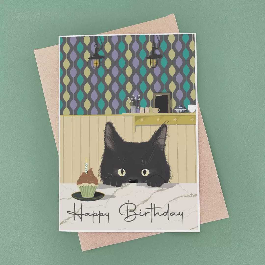 Black Cat Birthday Card - Cat Lover Mum - Kitchen Theme - Etsy