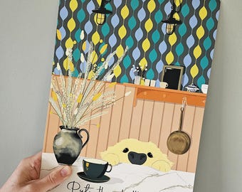 Impressão de Golden Retriever para Cozinha – Arte "Put The Kettle On" (Download Digital)