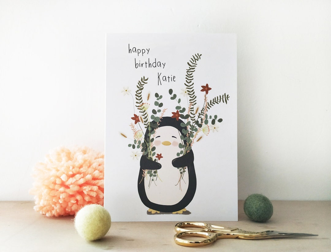 Personalised Penguin Birthday Card - Floral - Etsy