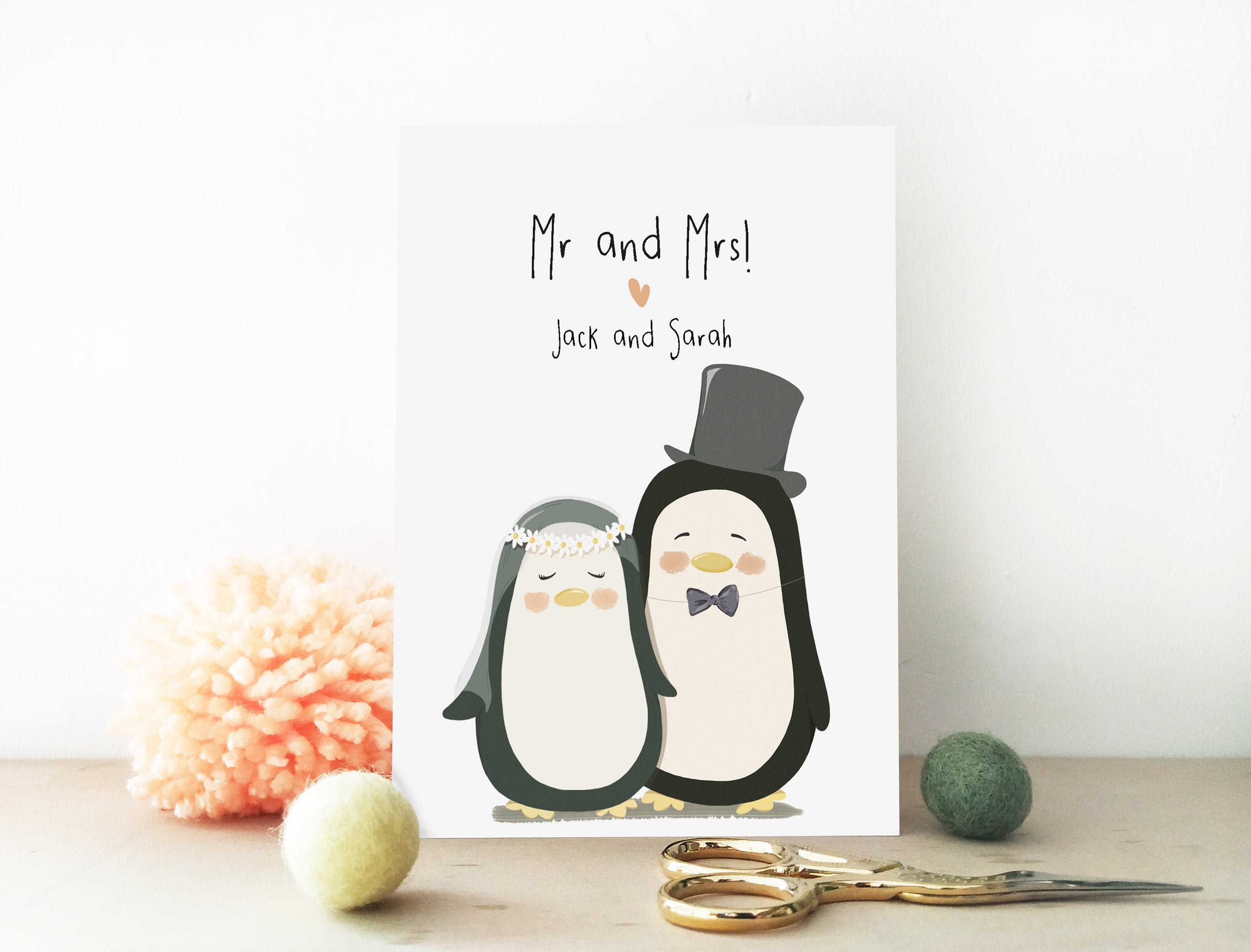 Personalised Penguin Wedding Card - Mr and Mrs Card - Eco Friendly Card - Husband - Wife - Eco Recycled Card - Bride and Groom
