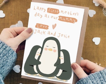 Twins First Mother's Day Card - Personalised Penguin